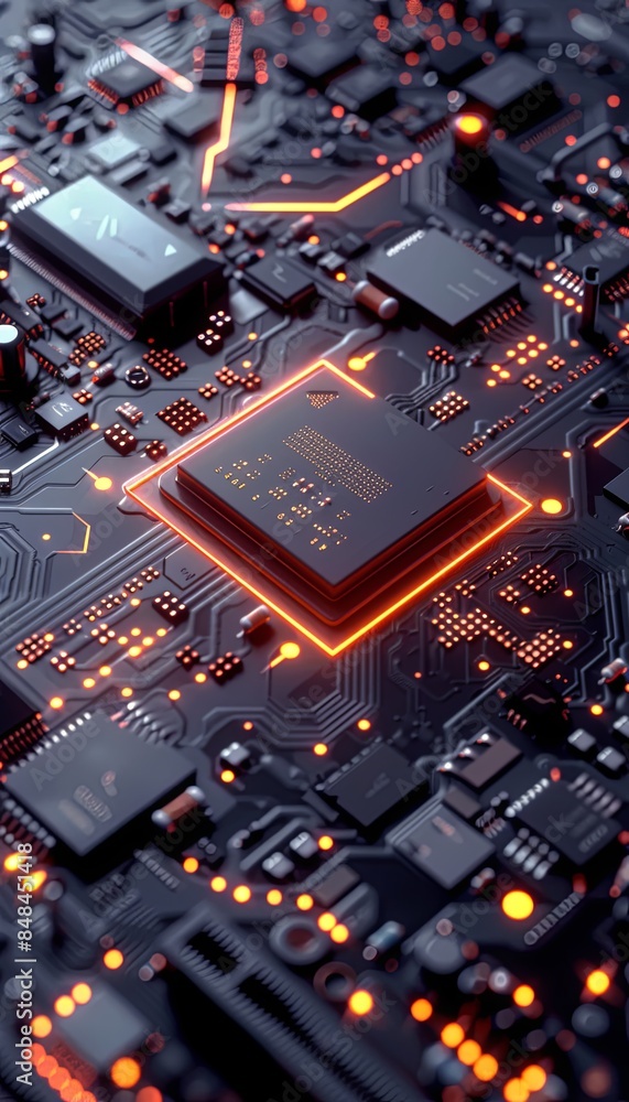 Poster a close-up view of a microprocessor on a motherboard, with glowing data streams symbolizing the powe