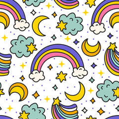 Cute Cartoon Rainbow Clouds and Moon Seamless Pattern. Starry Rainbow Sky. Kids Birthday And Baby Shower Vector Background