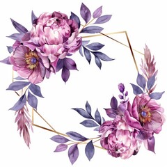 Obraz premium Watercolor gold geometric frame with pink peonies and purple leaves 