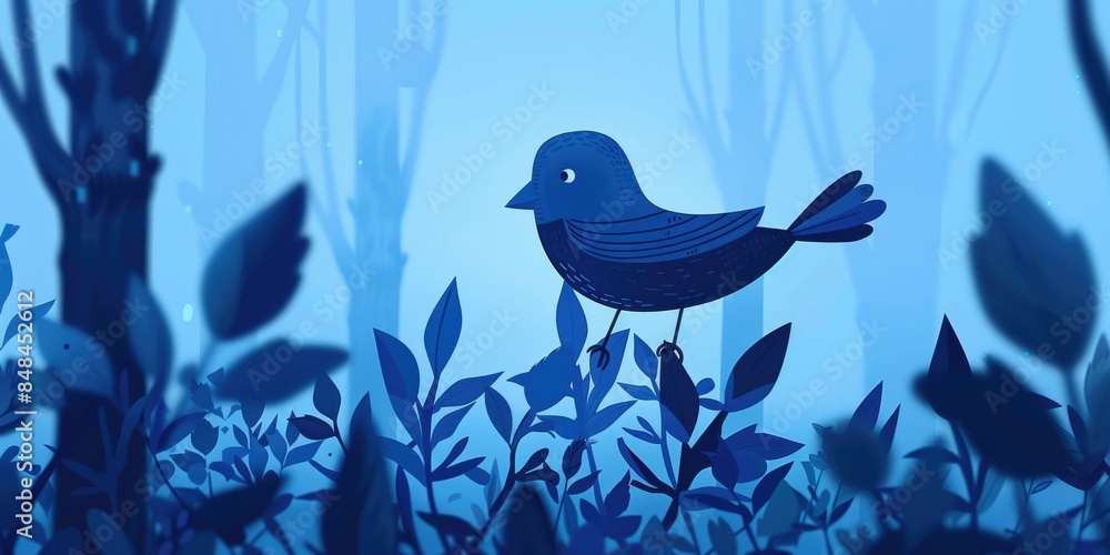 Wall mural a cartoon blue bird sits on a branch in a dark blue forest. aig51a. - Wall murals