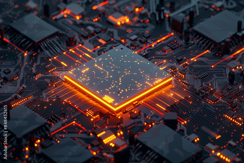 Poster a close-up view of a powerful microprocessor on a motherboard, surrounded by glowing digital data st