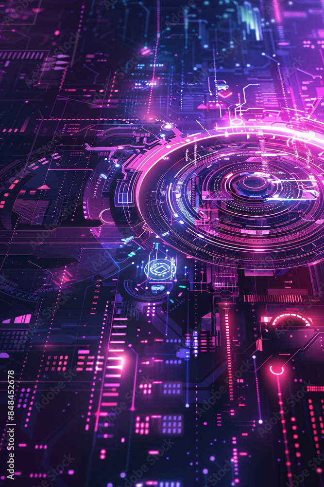 Poster futuristic digital interface with glowing purple elements and intricate circuit patterns wallpaper