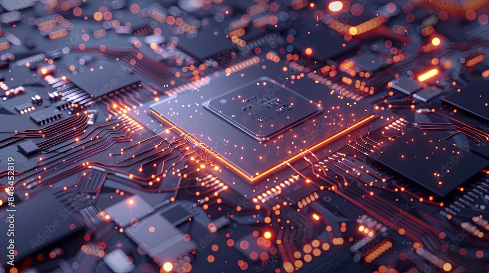 Poster A close-up shot of a modern microprocessor on a motherboard, with glowing light effects and intricate digital data streams. Generative AI