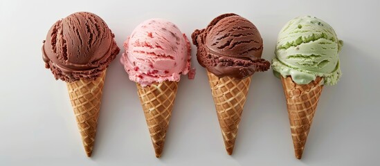 Assortment of chocolate, strawberry, and mint ice cream scoops presented in a cone or as a mixed treat against a white backdrop