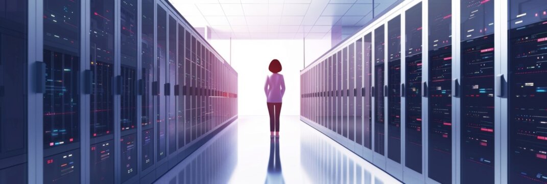 System administrator day, network administrator in server room. Back view. Horizontal banner. Network Technologies Concept