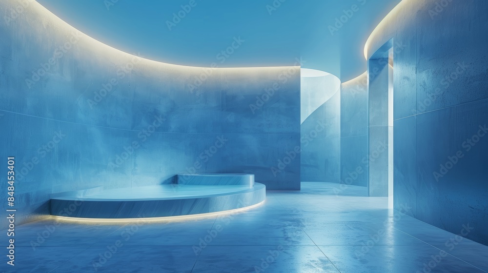 Poster minimalistic blue room, soft lighting creating a calm atmosphere, with clean architectural lines, pe