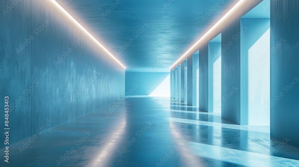 Poster minimalistic blue room, soft lighting creating a calm atmosphere, with clean architectural lines, pe