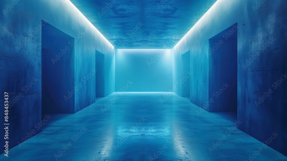 Poster minimalistic blue room, soft lighting creating a calm atmosphere, with clean architectural lines, pe