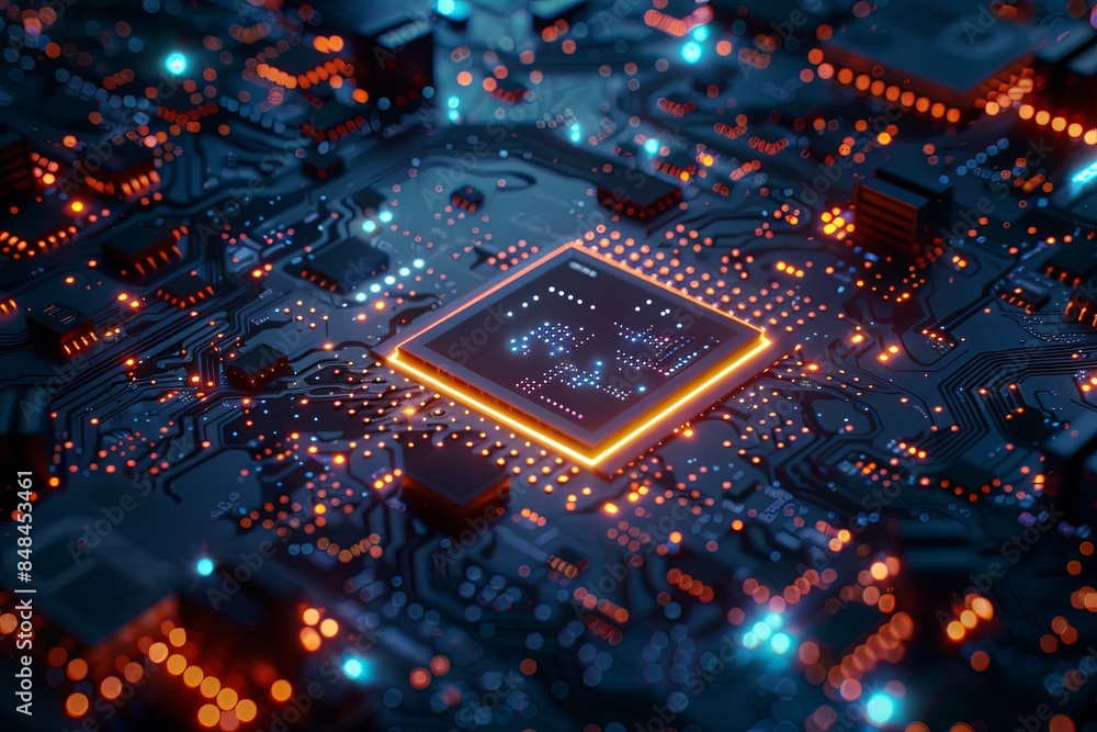 Aufkleber an ultra-modern microprocessor is shown on a motherboard, surrounded by intricate digital data strea