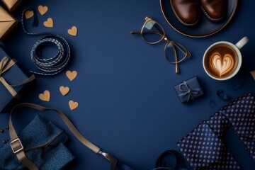 Blue background, men's accessories. Hipster, brutality, coffee. Gift ideas. Postcard.