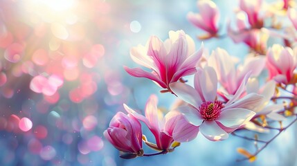 Bright and colorful spring flowers blooming in the morning light. Beautiful pink flowers with bokeh background. 