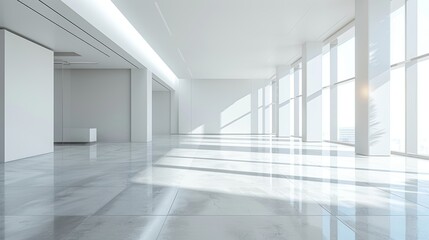 Fototapeta premium Modern white interior, empty and bright, natural light enhancing space, suitable for presentations and displays