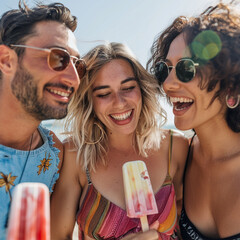 Happy and smiling group of three friends eating a popsicle in summertime