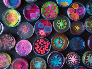 Petri dishes display vibrant, colorful bacterial colonies with intricate patterns, set against a dark background for striking contrast