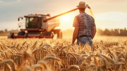 Obraz premium A farmer standing in the middle of a beautiful wheat field, with a wheat harvester in the background
