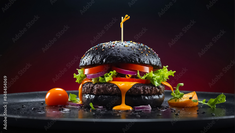 Wall mural appetizing burger with black bun