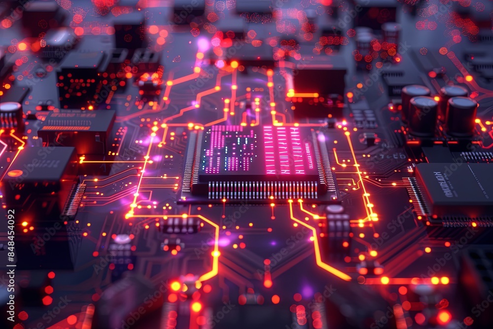 Aufkleber A close-up shot of a modern microprocessor or chip on a motherboard, surrounded by intricate digital data streams and glowing light effects, symbolizing the processing power of AI. Generative AI