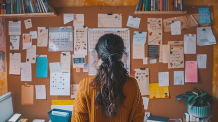 A student organizing their semester schedule on a large corkboard, pinning up a calendar, exam dates, and study plans, surrounded by textbooks and stationery