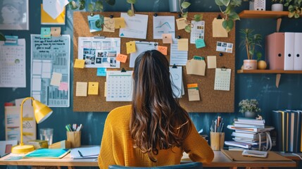 A student organizing their semester schedule on a large corkboard, pinning up a calendar, exam dates, and study plans, surrounded by textbooks and stationery