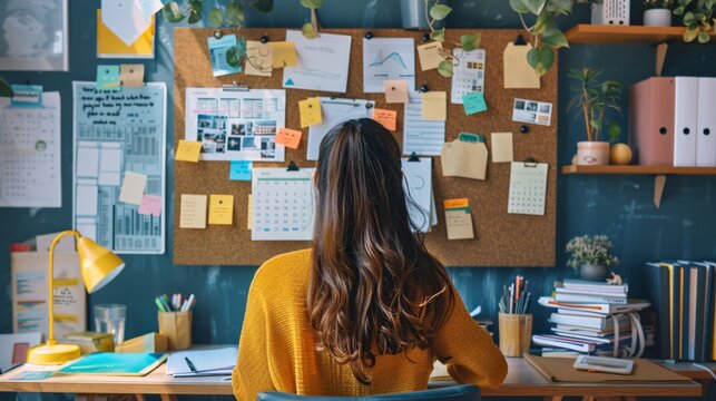 A student organizing their semester schedule on a large corkboard, pinning up a calendar, exam dates, and study plans, surrounded by textbooks and stationery