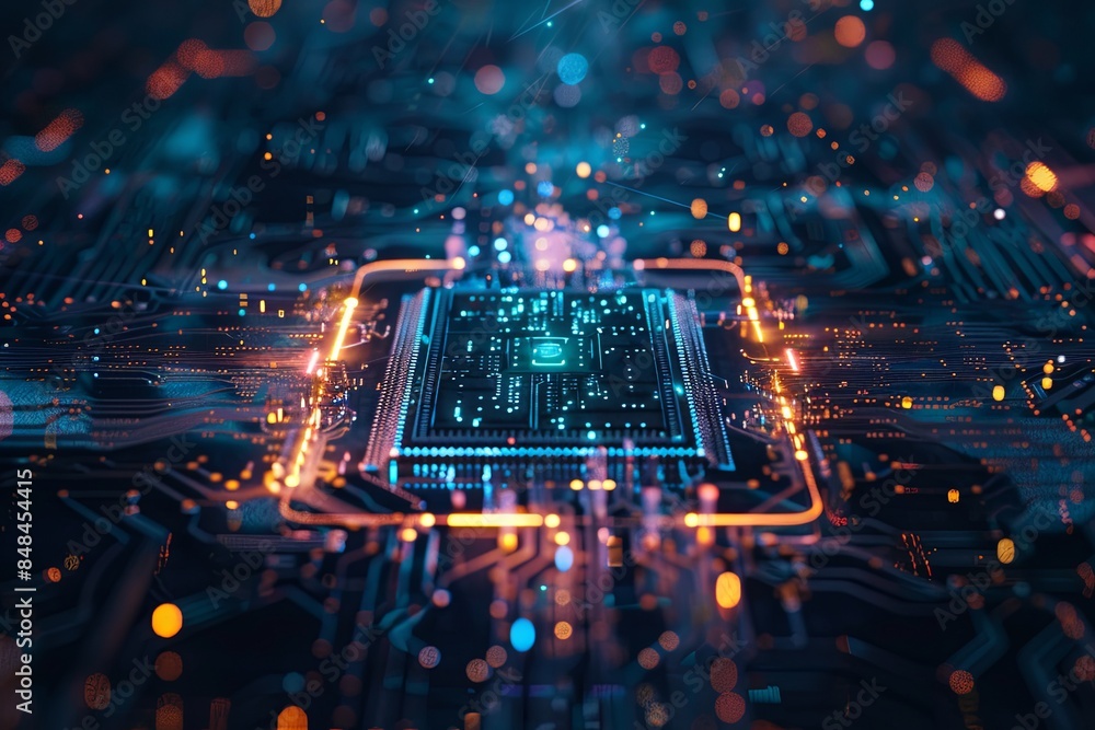 Leinwandbilder a close-up view of a modern microprocessor or chip on a motherboard, surrounded by intricate digital