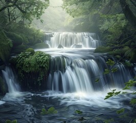Waterfall in west yorkshire, England. A gentle waterfall with moss covered rocks and lush greenery on both sides. Water flowing over small falling drops, creating ripples that blur into misty swirls