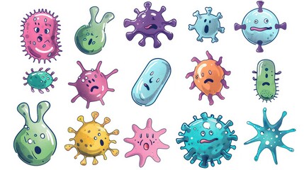 Set of cartoon bacteria isolated on a white background, cute microbes and viruses, created using. Generative AI