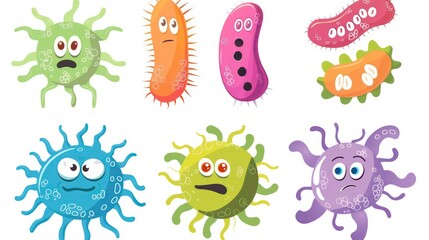 Set of cartoon bacteria isolated on a white background, cute microbes and viruses, created using. Generative AI