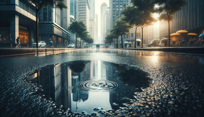 Rain in the city 5 with a puddle in the middle of the street and people with umbrellas