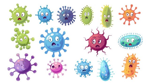 Set of cartoon bacteria isolated on a white background, cute microbes and viruses, created using. Generative AI