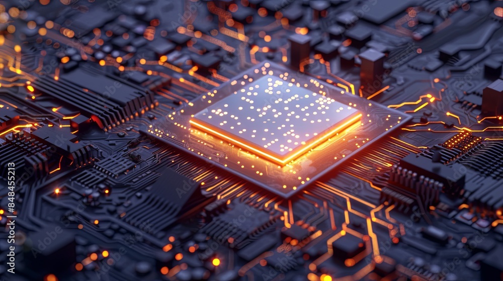 Poster a close-up image of a modern microprocessor on a motherboard, surrounded by glowing digital data str
