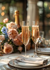 Two flutes of sparkling wine and floral arrangement in soft peach tones for romantic dinner. Elegant outdoor table setting