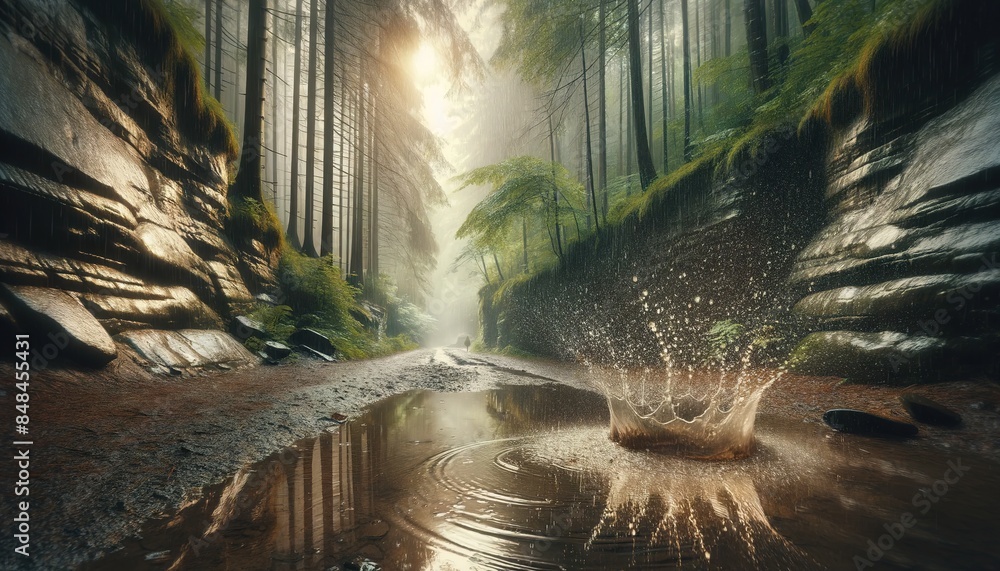 Poster rain in the forest 5 with a puddle in the middle of wet rocks