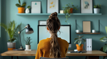 An online learning setup with a student attending a virtual class, computer screen visible, and a tidy workspace