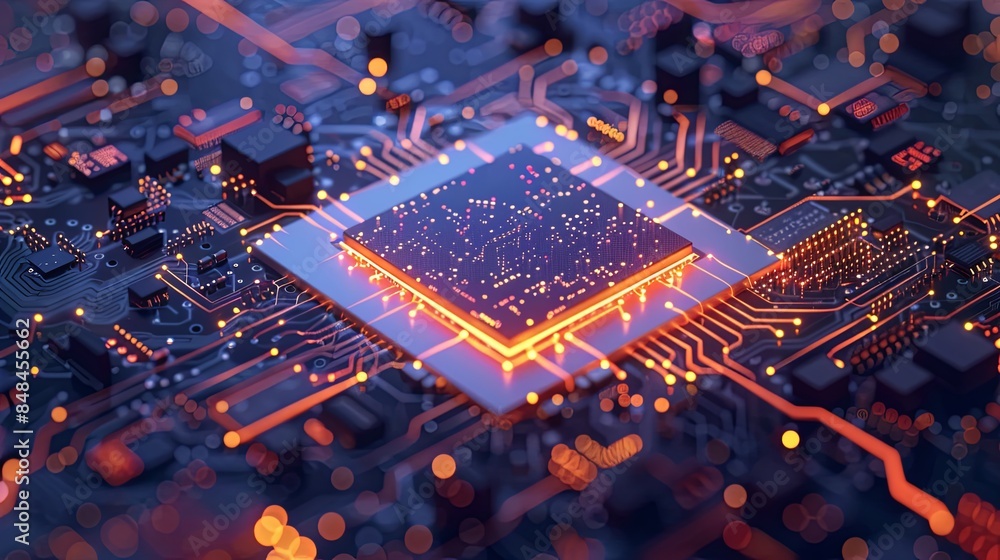 Leinwandbilder a close-up view of a modern microprocessor or chip on a motherboard, surrounded by intricate digital