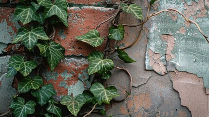A green plant with live and dead stems coiling around a terracotta brick wall