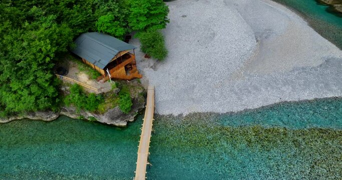 Aerial video of Shala river and its clear blue waters with lush forests in northern Albania. 