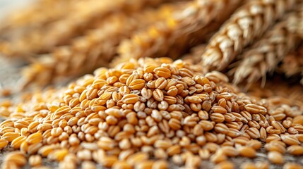 Obraz premium Macro shot of wheat grains on wooden background