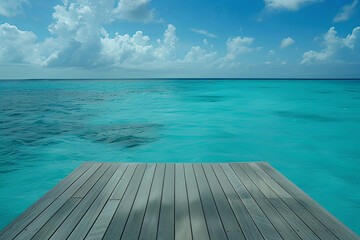 Fototapeta premium Stunning blue ocean view from a wooden pier, vacation advertising concept or website wallpaper
