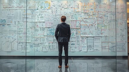 Experienced businessman in a large corporate office, standing by a white board with an elaborate business plan and strategic mind map, planning for future growth
