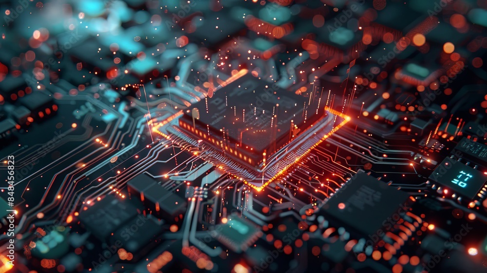 Poster a close-up image of a modern microprocessor, or chip, on a motherboard, surrounded by intricate digi