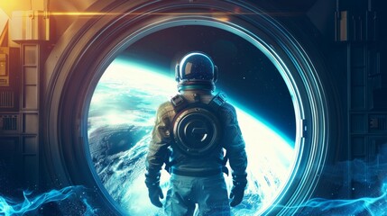 Spaceman in a spacesuit stands in front of spaceship circle window