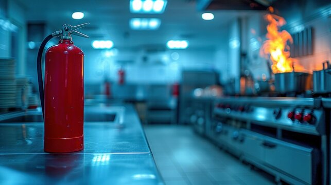 Fire Extinguisher in a Professional Kitchen. Generative ai.