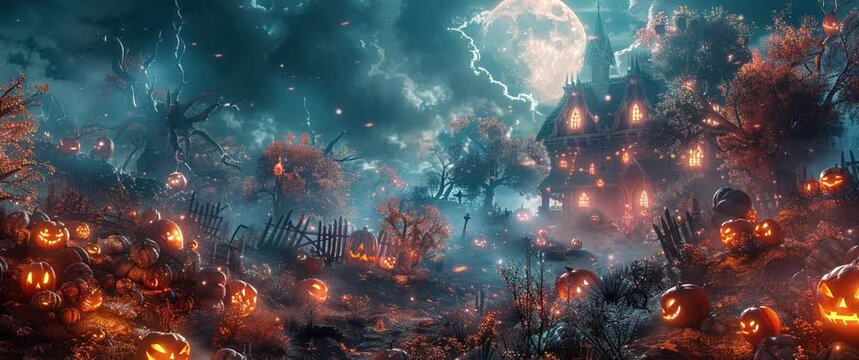 Halloween pumpkin and haunted house background