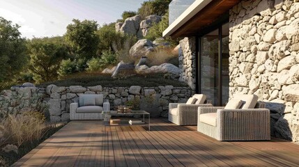 Obraz premium a modern outdoor terrace featuring white rattan chairs and a glass table on a wooden deck, surrounded by a stone wall, with a sunken seating area for relaxation.