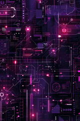 A complex purple and black futuristic circuit board with glowing elements and intricate patterns