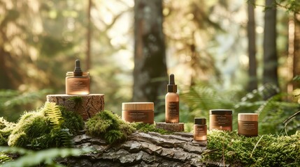 Skincare Products Displayed on Forest Log