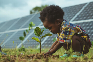 Black toddler boy planting a sapling near solar panels, representing environmental awareness and Earth Day