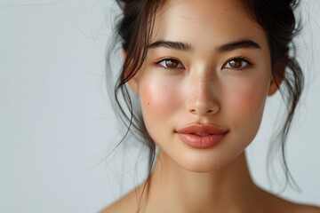 Fototapeta premium Natural Beauty Asian woman with Freckles and Soft Glow Close-Up