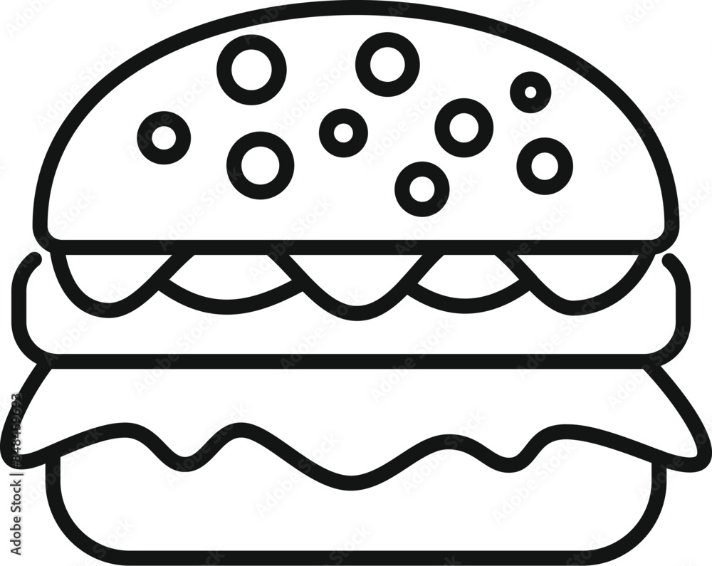 Sticker Simple black and white line art of a big juicy burger showing the concept of fast food